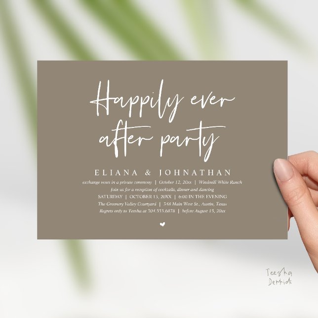 Invitation Fête de Mariage Moderne : "Heureux pour Toujours"  (Happily Ever After Party Modern Wedding Reception Invitation Card in Taupe Brown)