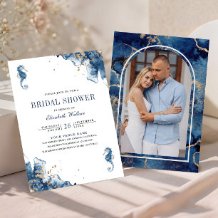 Invitation Fête de mariage Nautique Navy Blue Hippocampe Phot