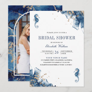 Invitation Fête de mariage Nautique Navy Blue Hippocampe Phot