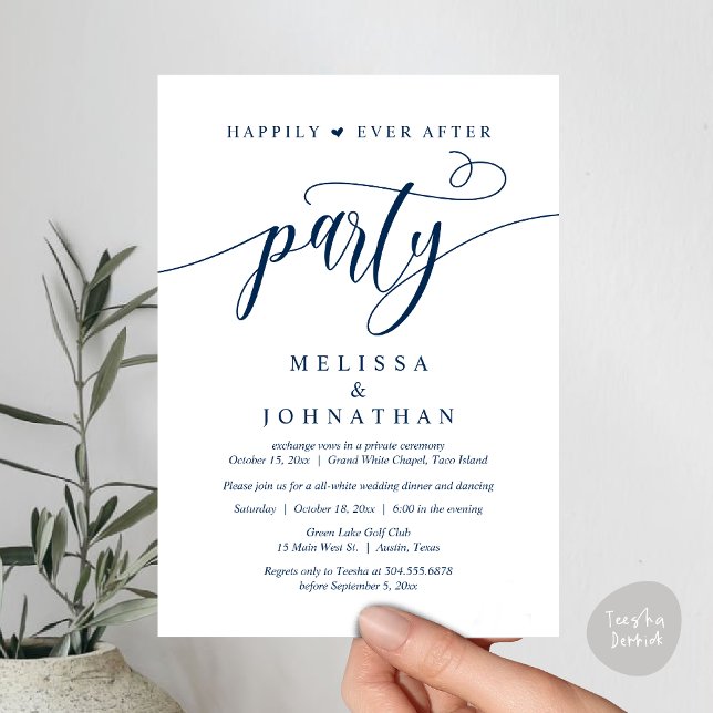 Invitation Fête de Mariage "Pour Toujours Heureux", Dîner de  (Happily Ever After Dinner, Wedding Party Dancing Invitation Card PDF Modern Romantic Navy Blue)