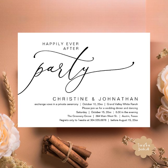 Invitation Fête de mariage "Pour toujours heureux", Dîner de  (Happily Ever After Party, Romantic Modern Elopement Dinner Dancing Invites Card PDF Black White)