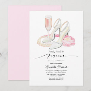 Invitation Fête de mariage Rose Pâle Pétales Perles & Prosecc