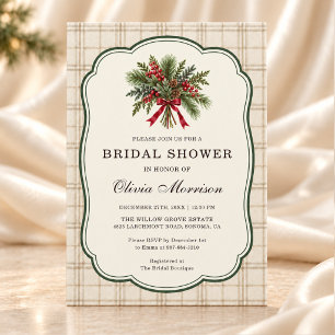 Invitation Fête de mariage Rustique Hiver Baies Pin Carreaux