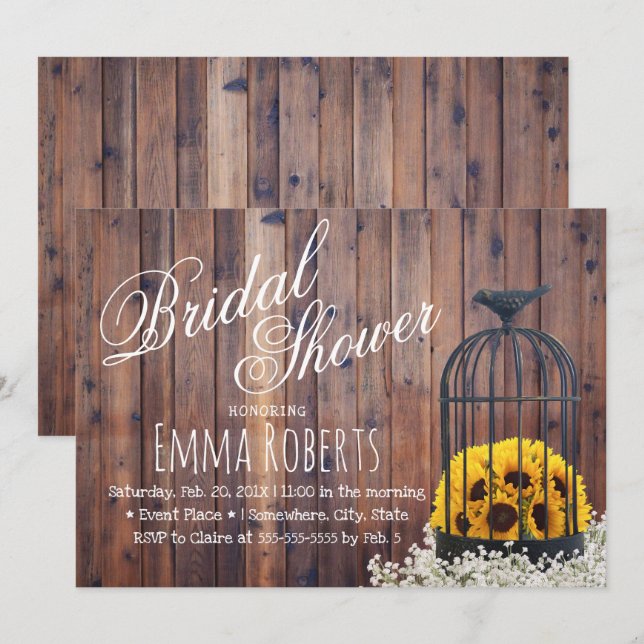 Invitation Fête de mariage rustique tournesol et cage à oisea (Devant / Derrière)