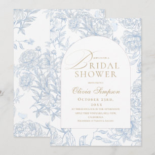 Invitation Fête de mariage Toile De Jouy Bleue Fleur de Pivoi