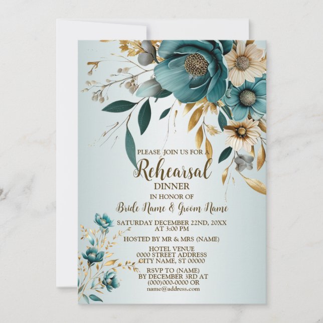 Invitation Fête de mariage Turquoise Fleur blanche Feuilles d (Devant)