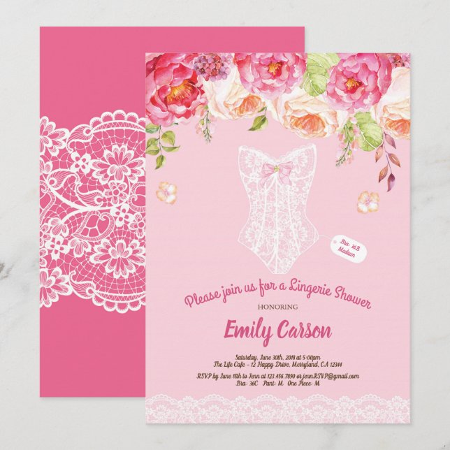 Invitation Fête de mariée avec la lingerie rose et blanche (Devant / Derrière)