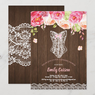 Invitation Fête de mariée de la lingerie rose bois rustique