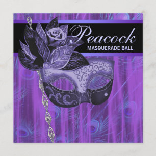 Invitation Fête de Mascarade aux Plumes de Paon Violet