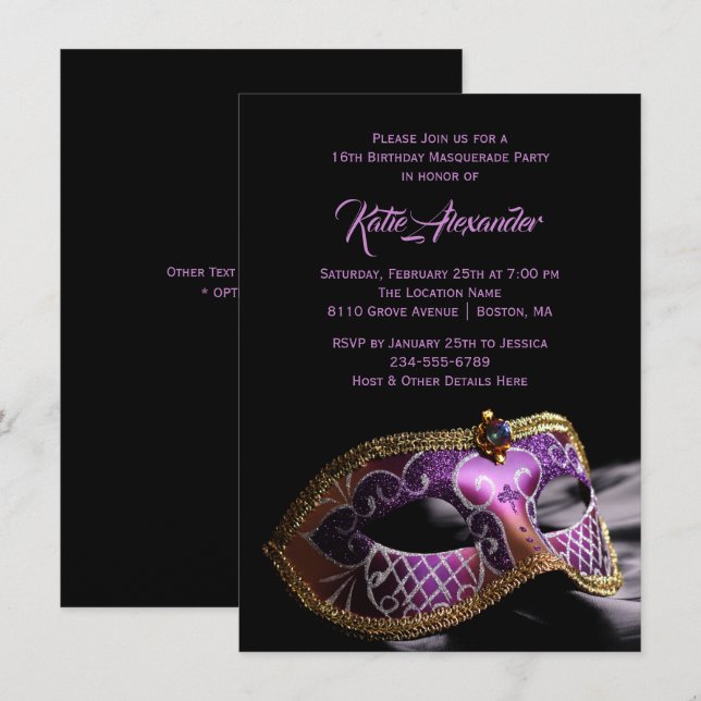 Invitation Fête de Mascarade Élégante Noir Violet Sweet 16 (Devant / Derrière)