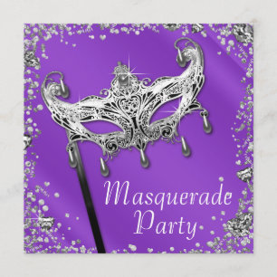 Invitation Fête de Mascarade Lavande Confetti Argent Violet