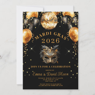 Invitation Fête de Mascarade Mardi Gras Noir Or Paillettes