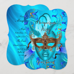 Invitation Fête de Mascarade Masquée au Masque Doré et Turquo