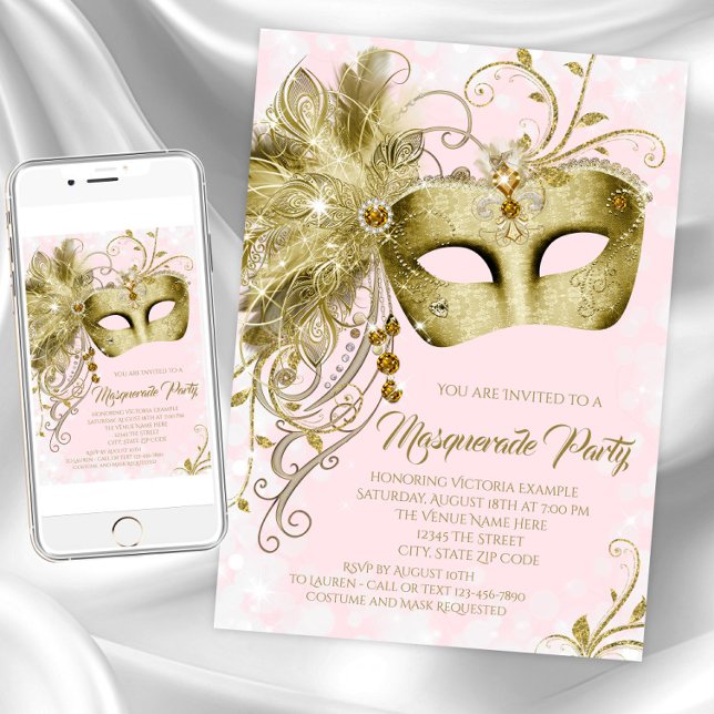 Invitation Fête de Mascarade Paillettes Or Rose (Pink gold masquerade party invitation. Instant download and printed invitations available. )