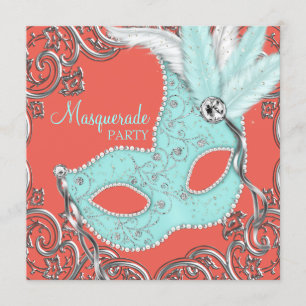 Invitation Fête de masques élégante corail et bleu sarcelle