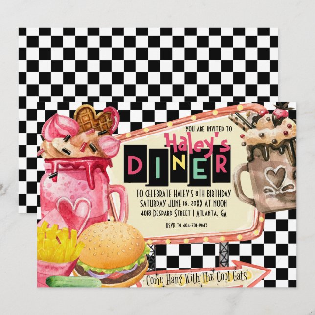 Invitation Fête de Milkshake de Diner des Années 50 (Devant / Derrière)