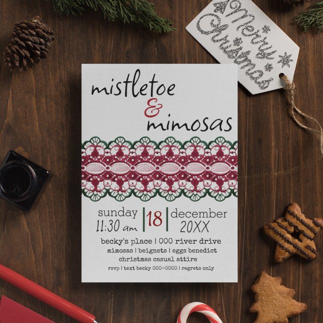 Invitation Fête de Mistletoe et Mimosas (Mistletoe and mimosas customizable holiday party invitation with lace design. )