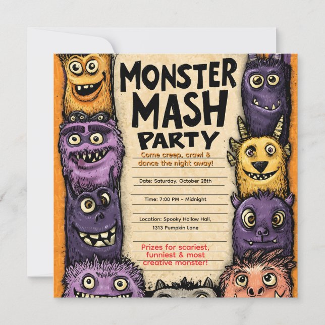 Invitation "Fête de Monster Mash" avec des monstres mignons (Devant)
