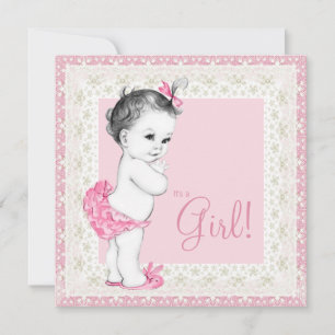 Invitation Fête de naissance adorable ivoire et rose