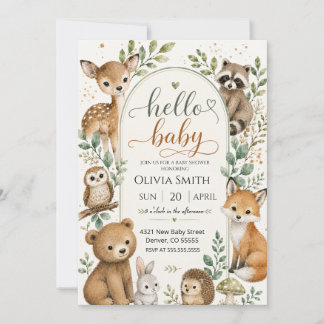 Invitation Fête de Naissance Animaux de la Forêt Aquarelle Wo