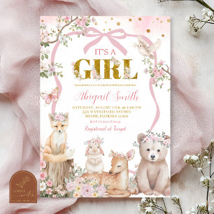 Invitation Fête de naissance animaux de la forêt ruban rose c