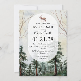 Invitation Fête de naissance aquarelle élégante forêt de pins