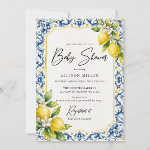 Invitation Fête de naissance aux carreaux bleus siciliens et