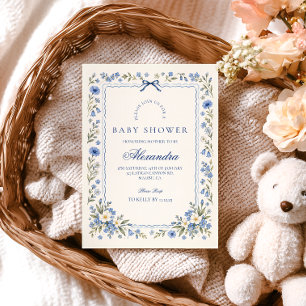 Invitation Fête de naissance Baby in Bloom Porcelaine Bleue