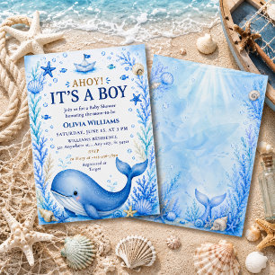 Invitation Fête de Naissance Baleine Bleue Océanique Nautique