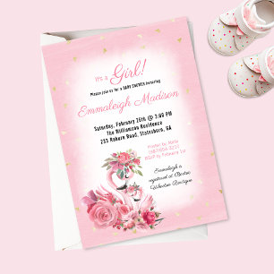 Invitation Fête de Naissance Ballerine Flamant Rose Aquarelle