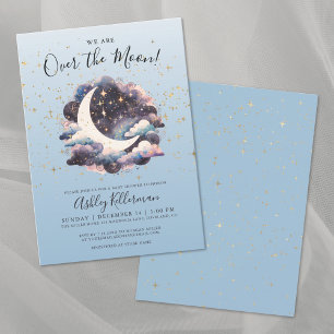 Invitation Fête de Naissance Bébé Bleu Étoiles Dorées Au-Dess
