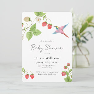 Invitation Fête de naissance Bébé élégante Colibris Fraise