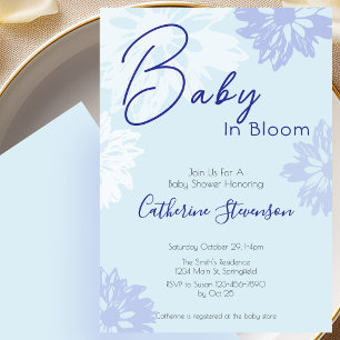 Invitation Fête de naissance bébé en fleurs moderne bleu