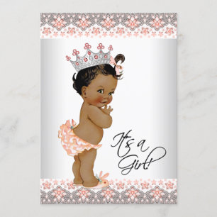 Invitation Fête de naissance bébé fille ethnique pêche et gri