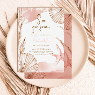 Invitation Fête de Naissance Bébé Fille Rose Océan Été Vous V