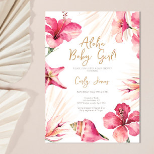 Invitation Fête de naissance Bébé Fille Rose Tropicale Hibisc