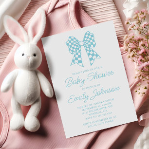 Invitation Fête de Naissance Bébé Fille Ruban à Carreaux Bleu