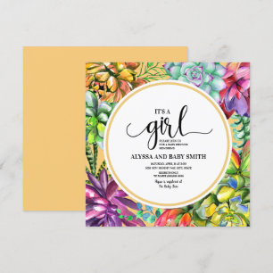Invitation Fête de naissance Bébé Fille Succulentes Jaune Tur