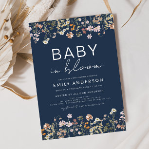 Invitation Fête de Naissance Bébé Fleur Sauvage Bleu de Nuit