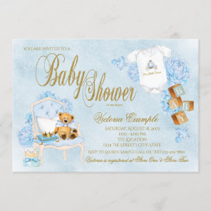 Invitation Fête de Naissance Bébé Garçon Aquarelle Bleu Or
