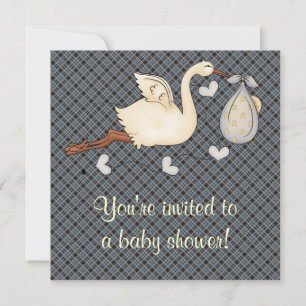 Invitation Fête de naissance bébé garçon cigogne carreaux ble