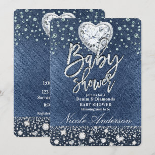 Invitation Fête de naissance Bébé Jean Denim & Bling Diamonds