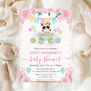 Invitation Fête de Naissance Bébé Panda Fleurs Roses Aquarell