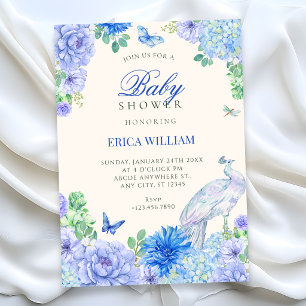 Invitation Fête de naissance bébé paon floral aquarelle bleue