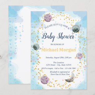 Invitation Fête de naissance Bébé Planètes Étoiles Bleu 