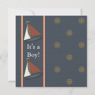 Invitation Fête de naissance bébé voilier bleu marine blanc r