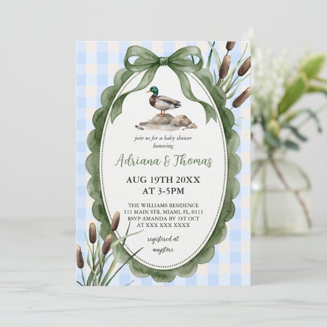 Invitation Fête de naissance Canard Colvert Gingham Vert  (Debout devant)
