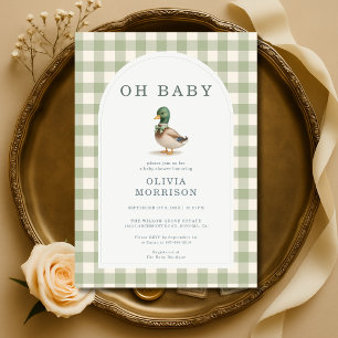 Invitation Fête de Naissance Canard Colvert Gingham Vert Saug