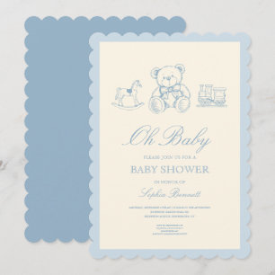 Invitation Fête de naissance classique ourson bleu pastel