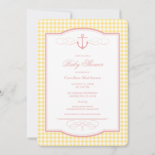 Invitation Fête de naissance côtière préppy à carreaux roses